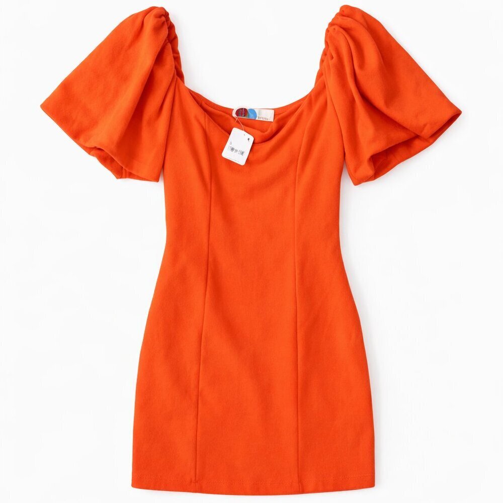 Free People FP Beach Orange Off Shoulder Puff Sleeve Mini Dress Large NWT - Picture 2 of 5